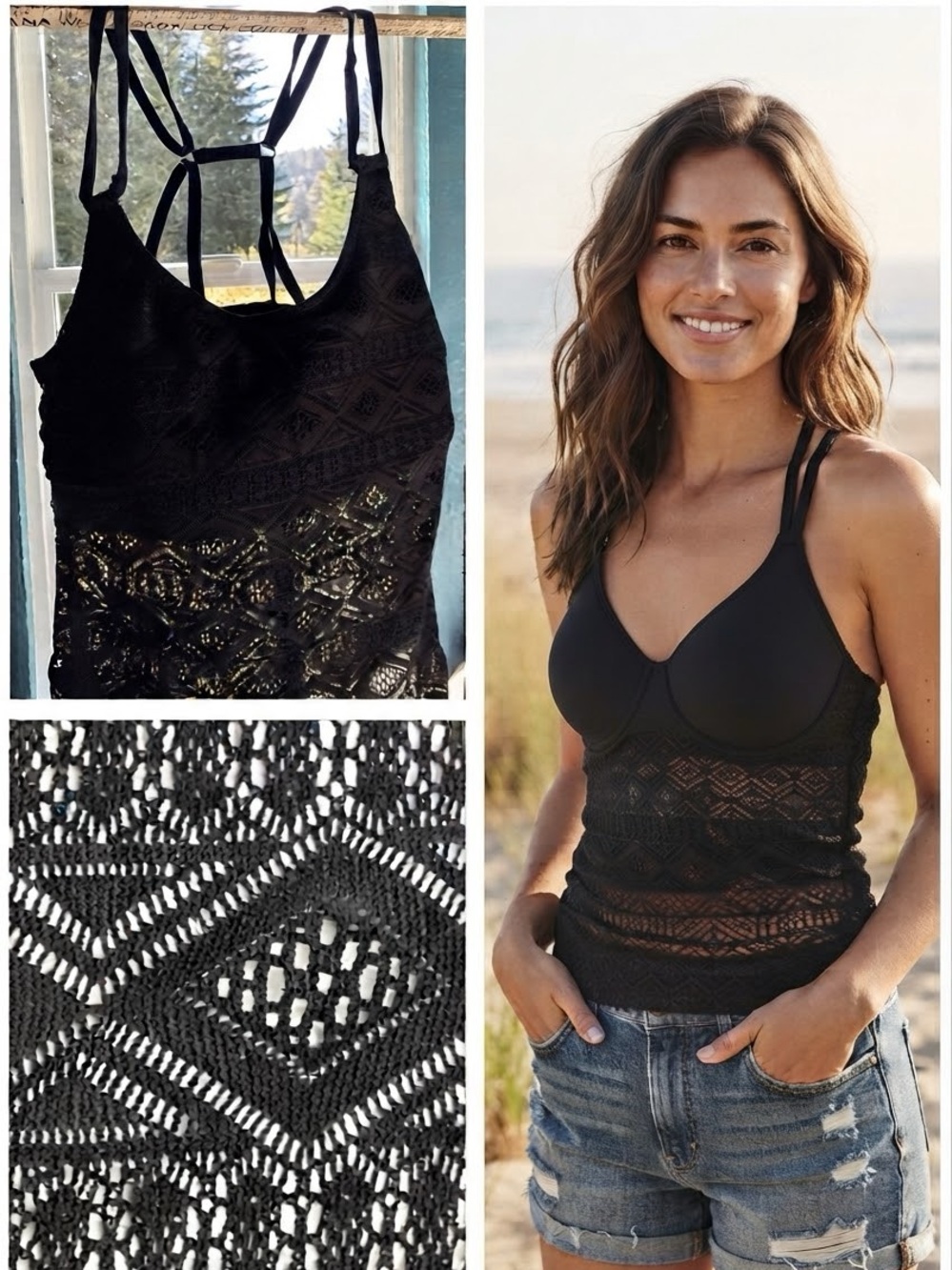 Black Sheer Crochet Lace Tankini Top S M Strappy Swim Cami w Bra Boho Festival
